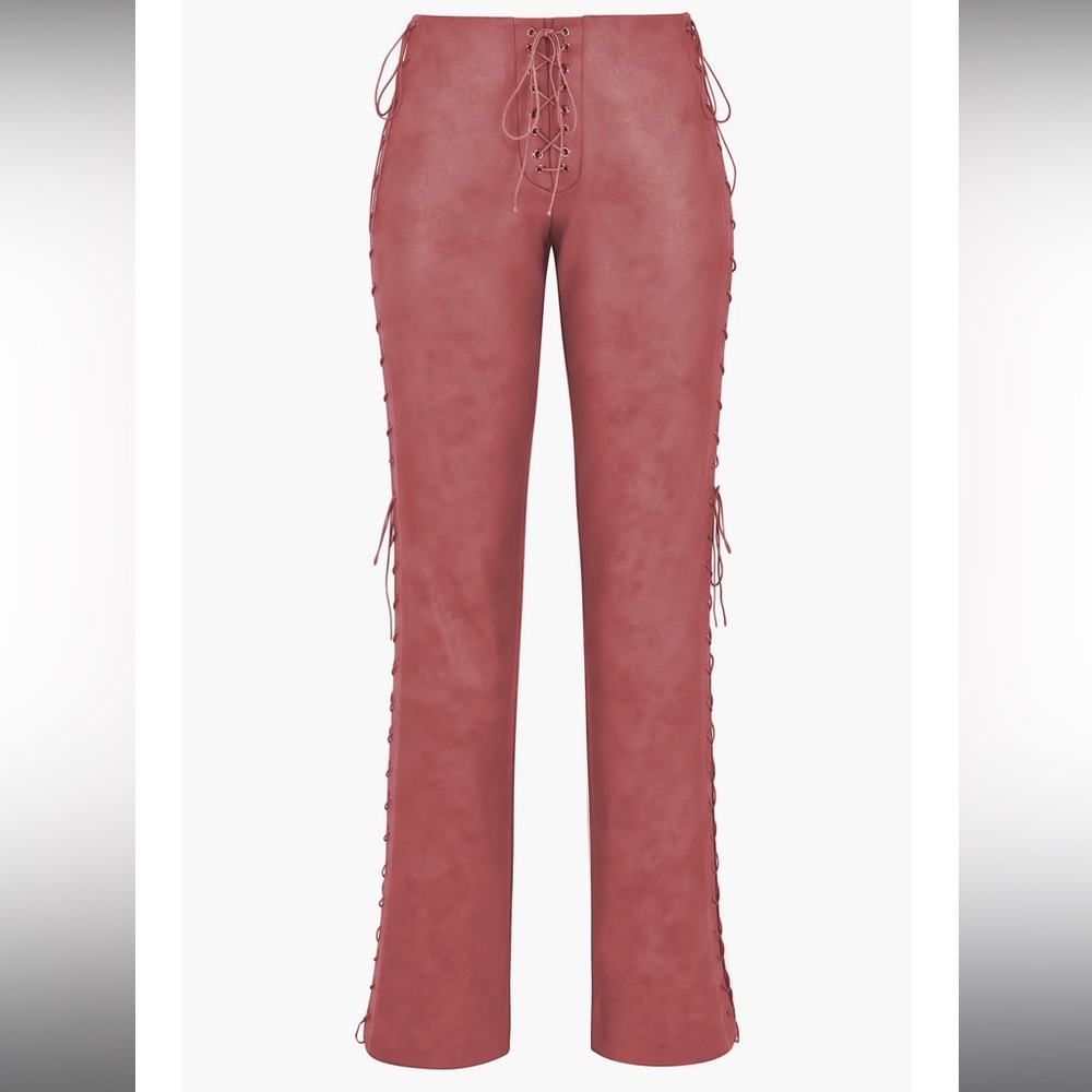 House of CB Drew Lace-Up Faux Leather Trousers-Pink